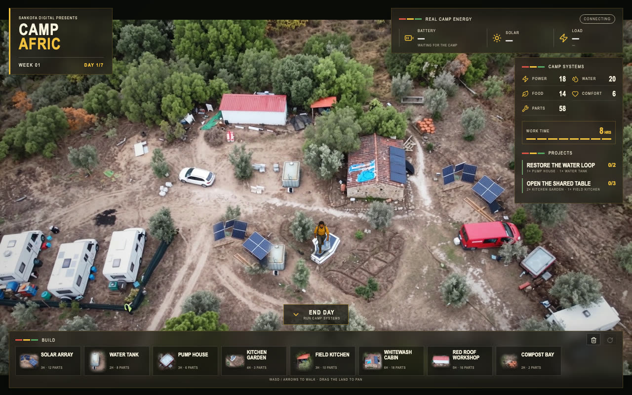 The current build: the real camp seen from above as the game board, with caravans, the red-roofed building, the stone house with solar panels, the player on the path, the energy panel and the build tray