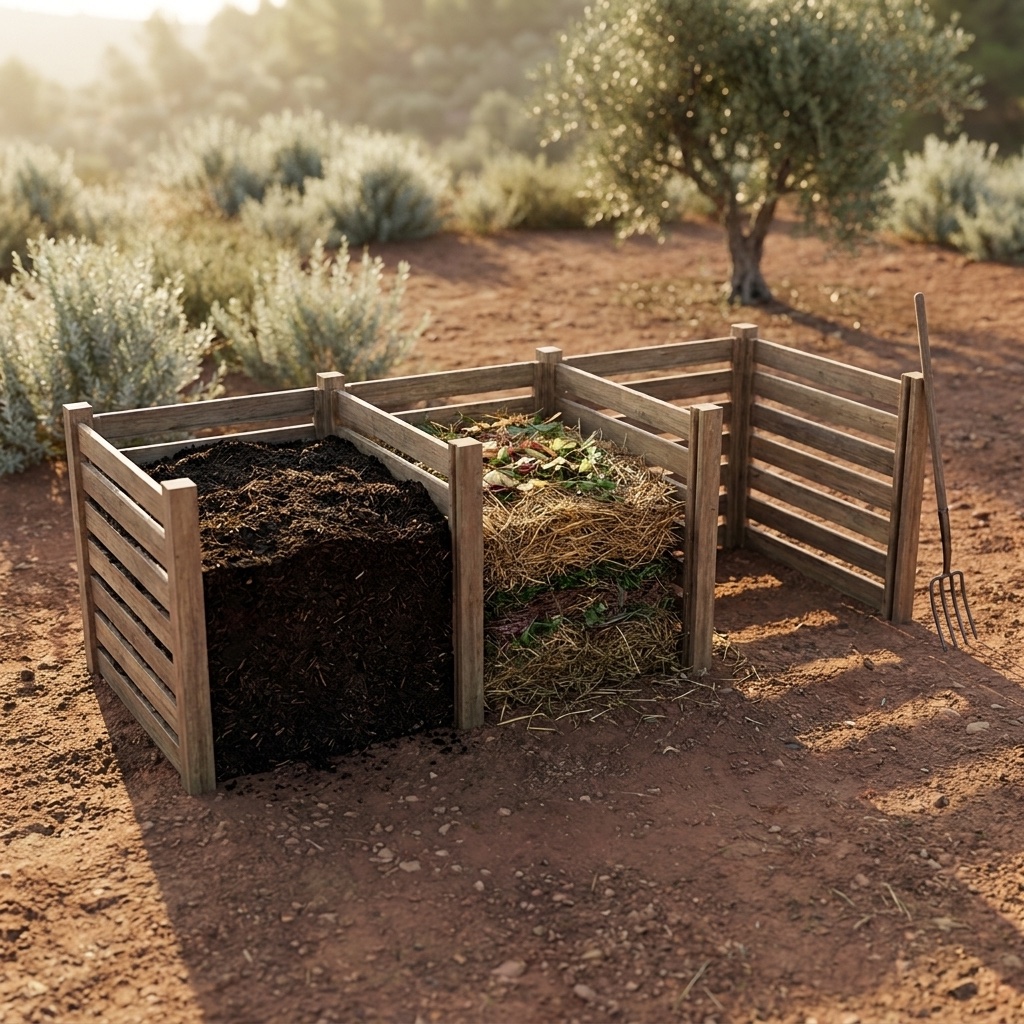 Concept render: three timber-slat compost bays with a garden fork leaning on the end