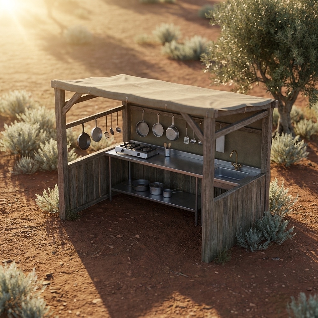 Concept render: an open-sided timber and canvas field kitchen with a steel counter