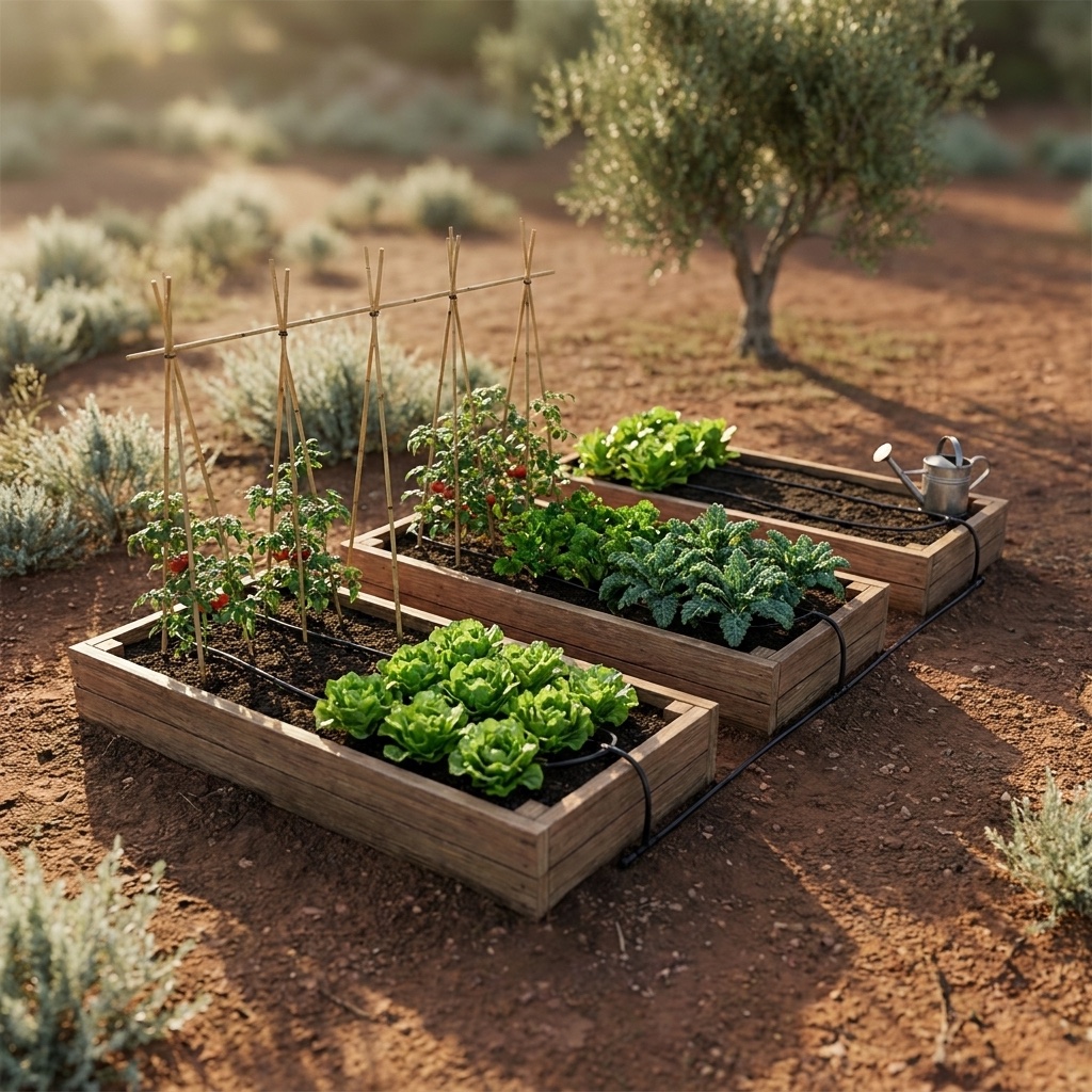 Concept render: three raised timber garden beds with lettuce, kale and tomatoes