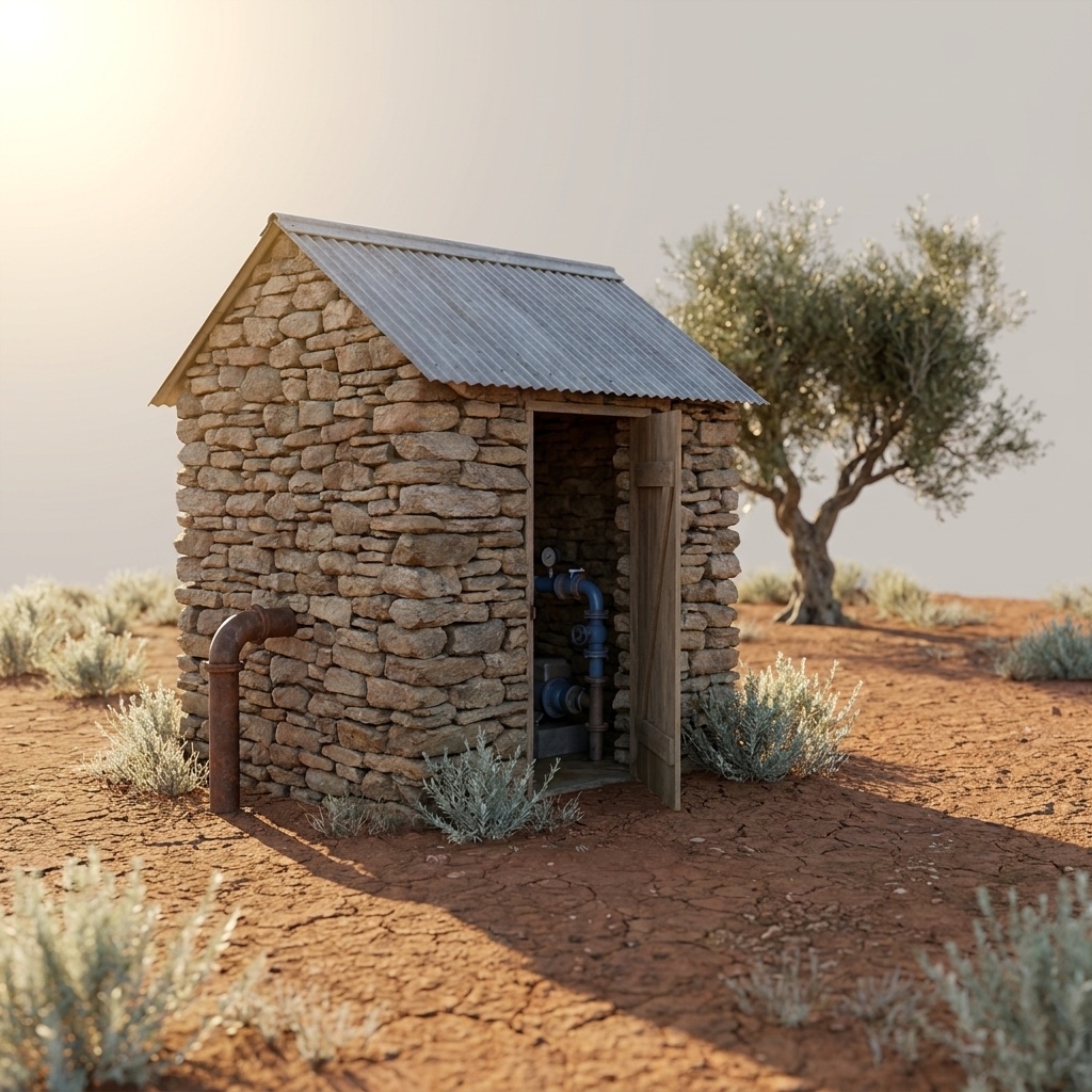 Concept render: a small stone pump house with a corrugated roof and its door ajar