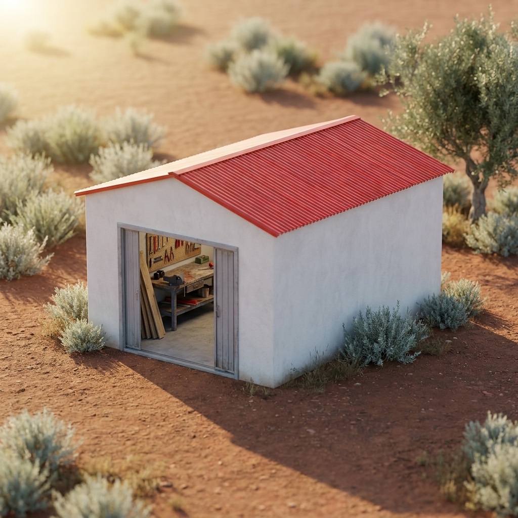 Concept render: a white workshop with a bright red corrugated roof and an open sliding door