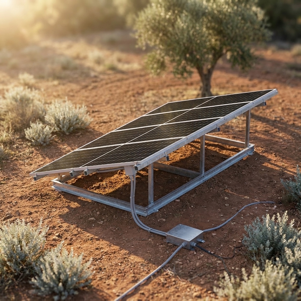 Concept render: six black photovoltaic panels on a low ground-mount frame on dry earth