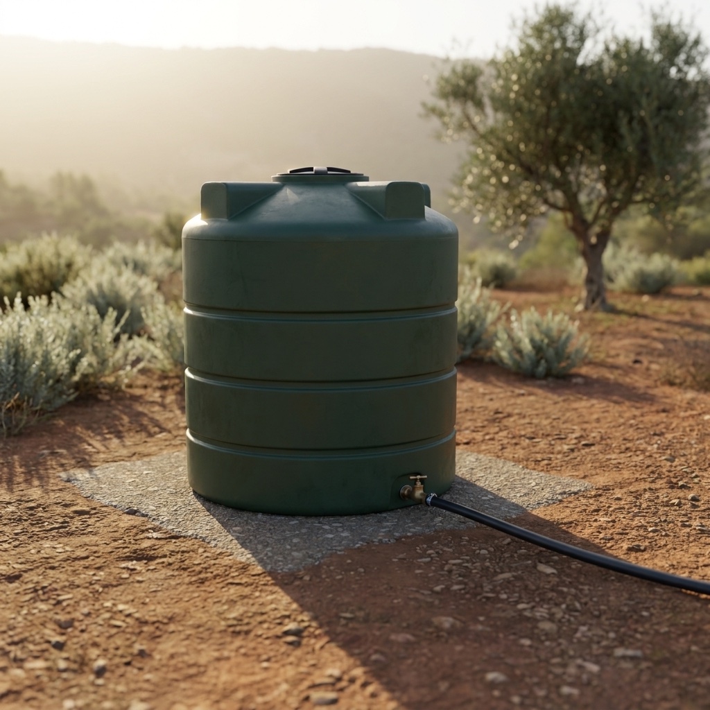 Concept render: a round dark-green water tank on a gravel pad