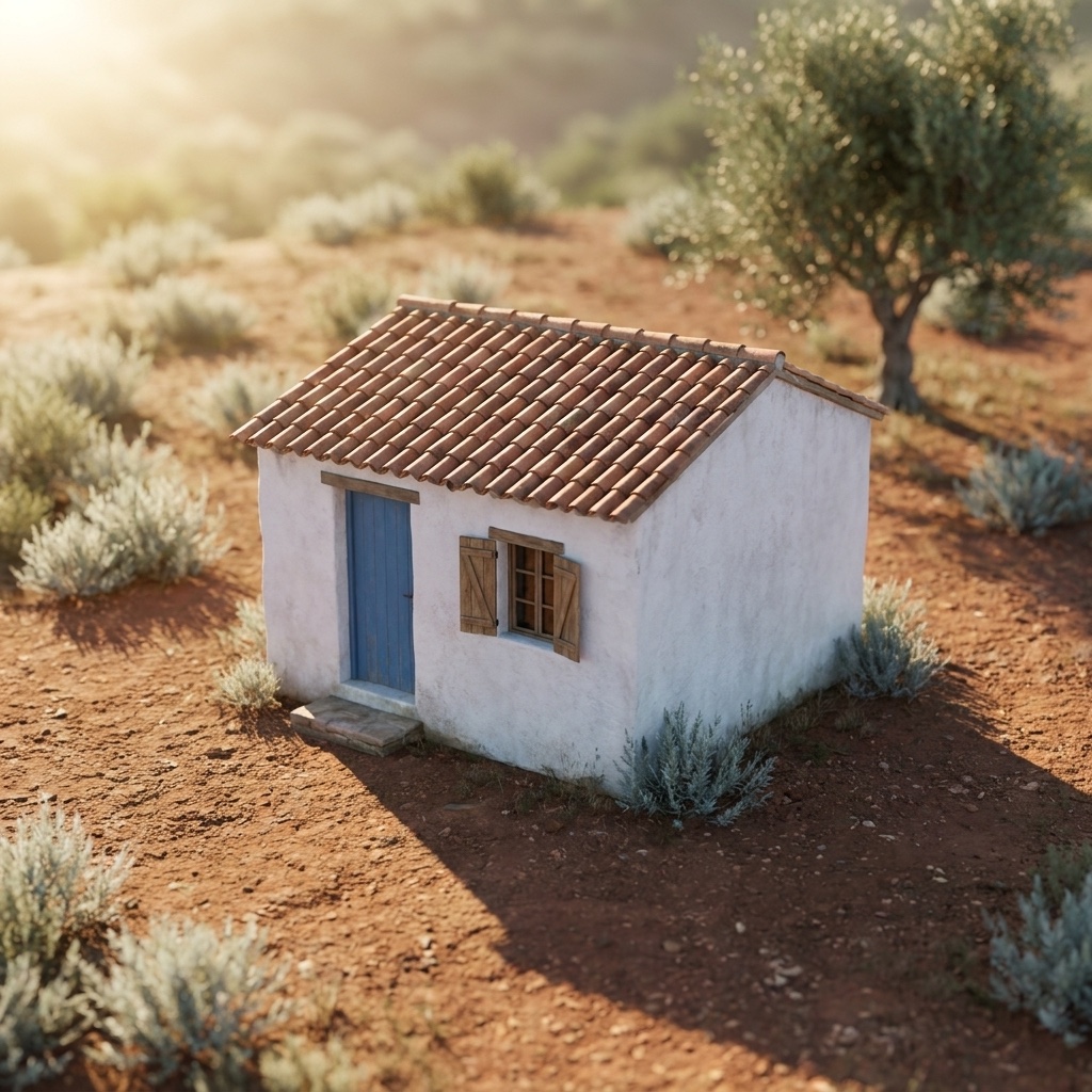 Concept render: a small whitewashed cabin with a terracotta roof and a blue door