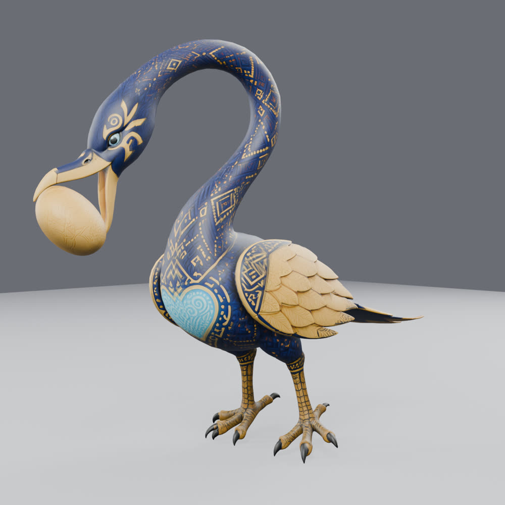 Kofa standing: a tall blue-and-gold bird with adinkra patterning across its neck and body, a long curved neck, and a gold egg held in its beak