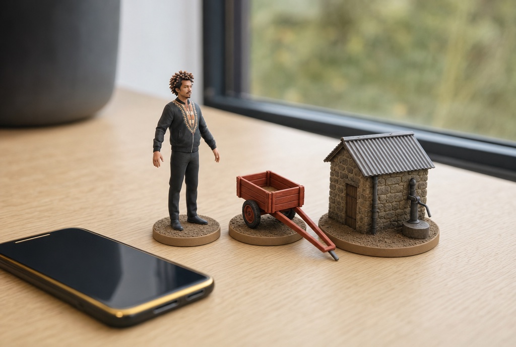 Concept render: three printed miniatures on a desk: Daniel as a steward, the red cart and the stone pump house