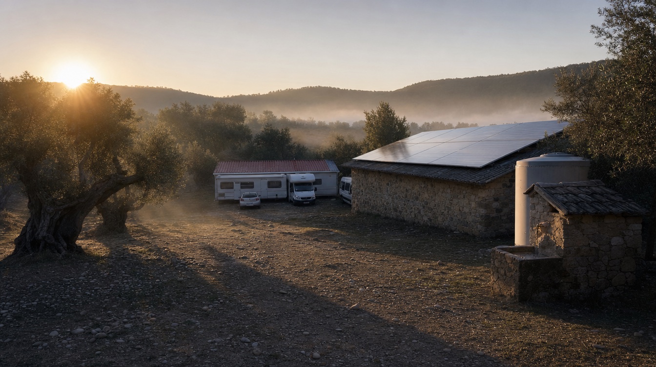 Concept render: the camp at first light, the solar array catching the sun while the caravans and the red-roofed building are still in shadow